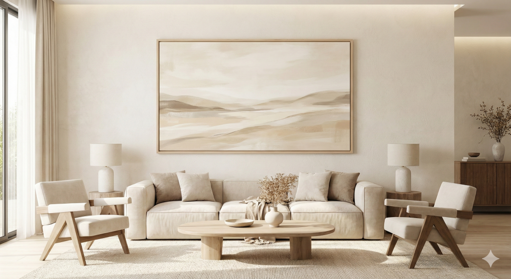 Neutral gallery wall with large landscape wall art above sofa in a bright modern living room.