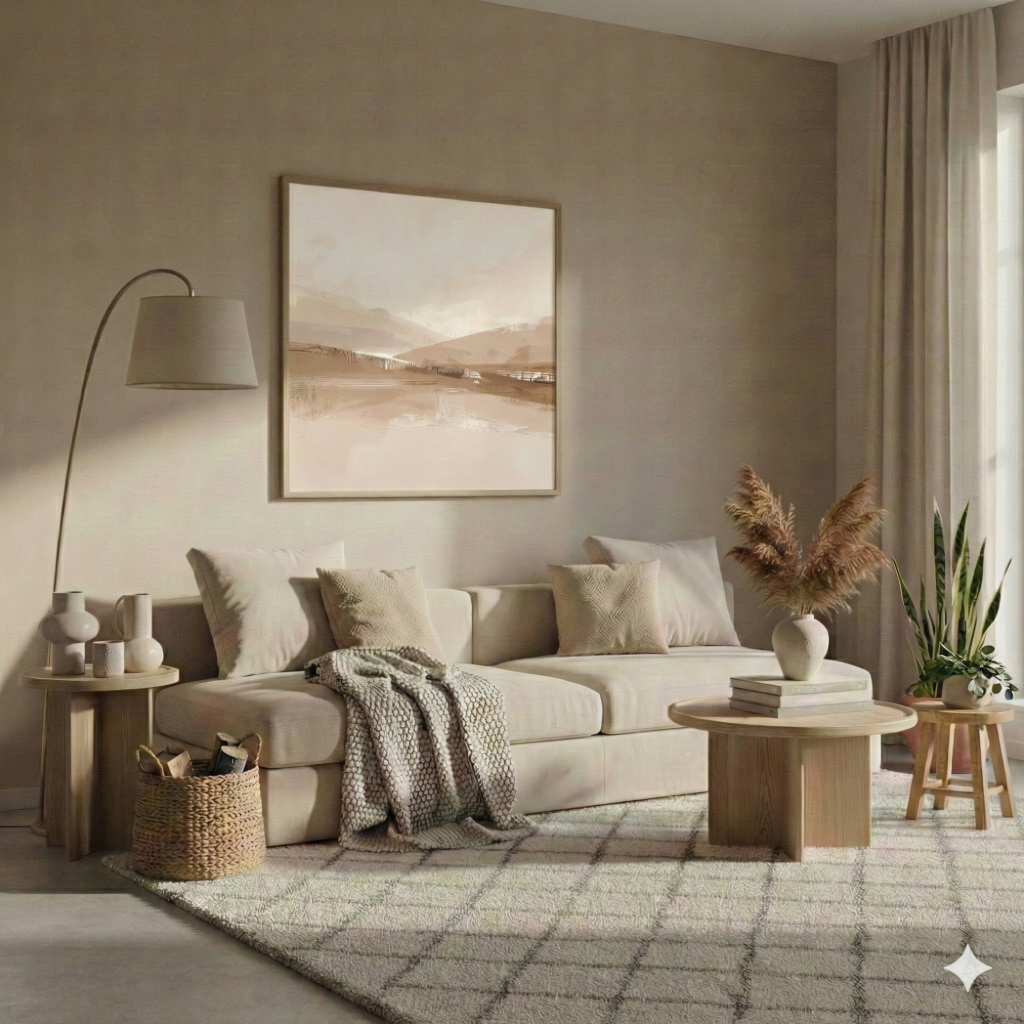 Abstract neutral wall art with pampass grass in a warm modern living room