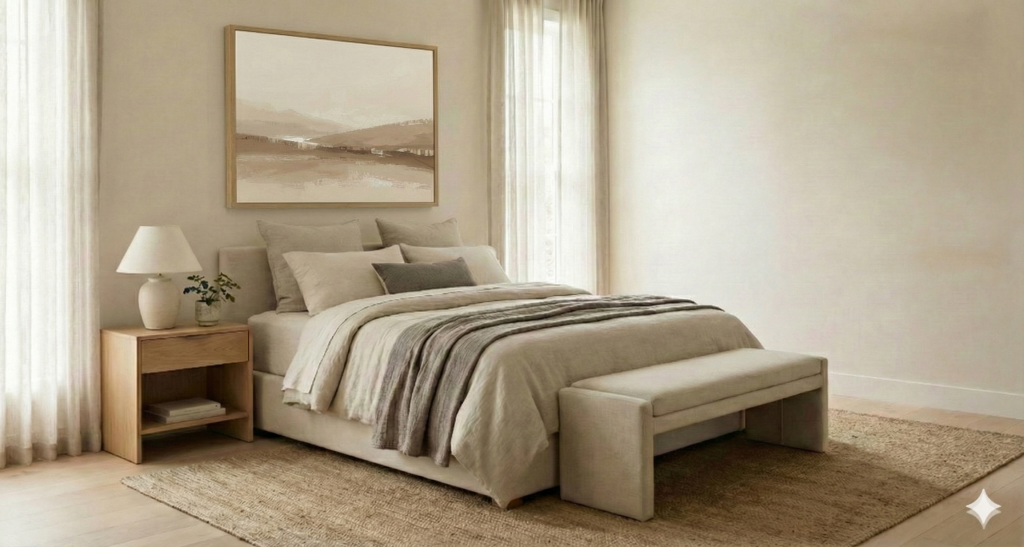 Neutral wall art styled above bed in a calm minimalist bedroom