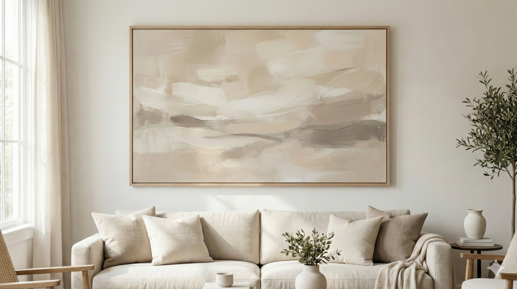 Large horizontal abstract wall art in neutral tones styled above sofa in contemporary living room