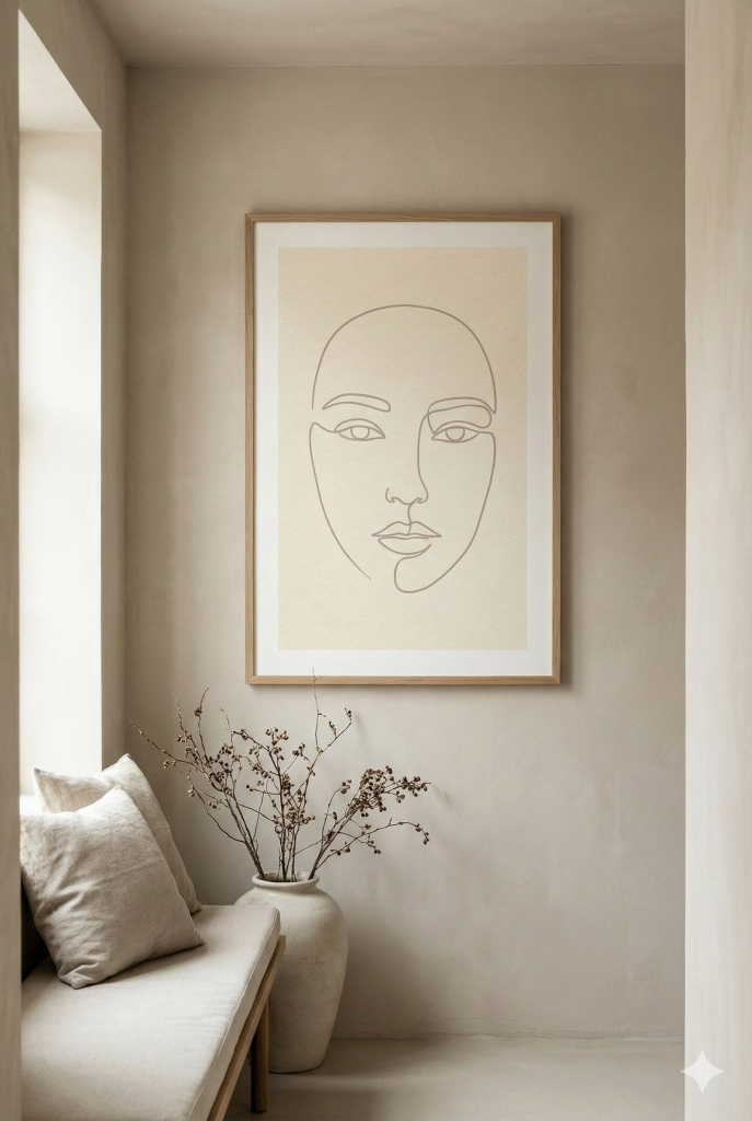 Minimalist landscape wall art in warm beige and blush tones styled in a bright modern living room