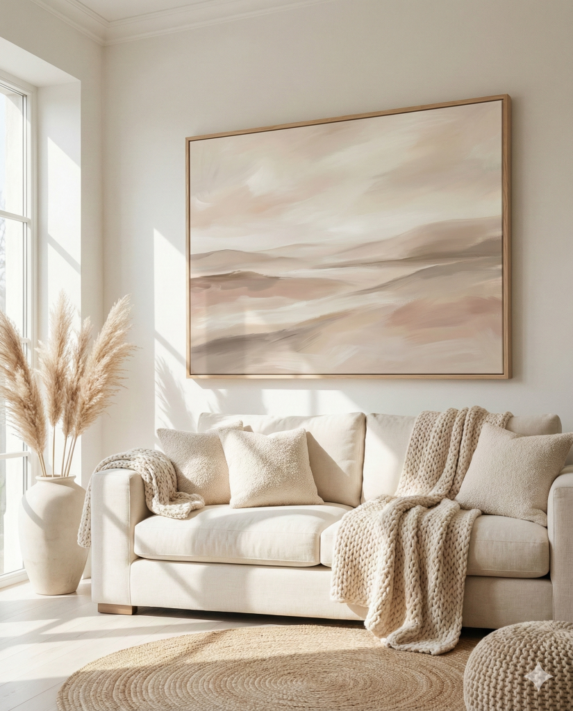 Large neutral abstract canvas with layered brush textures in beige and taupe above a modern sofa
