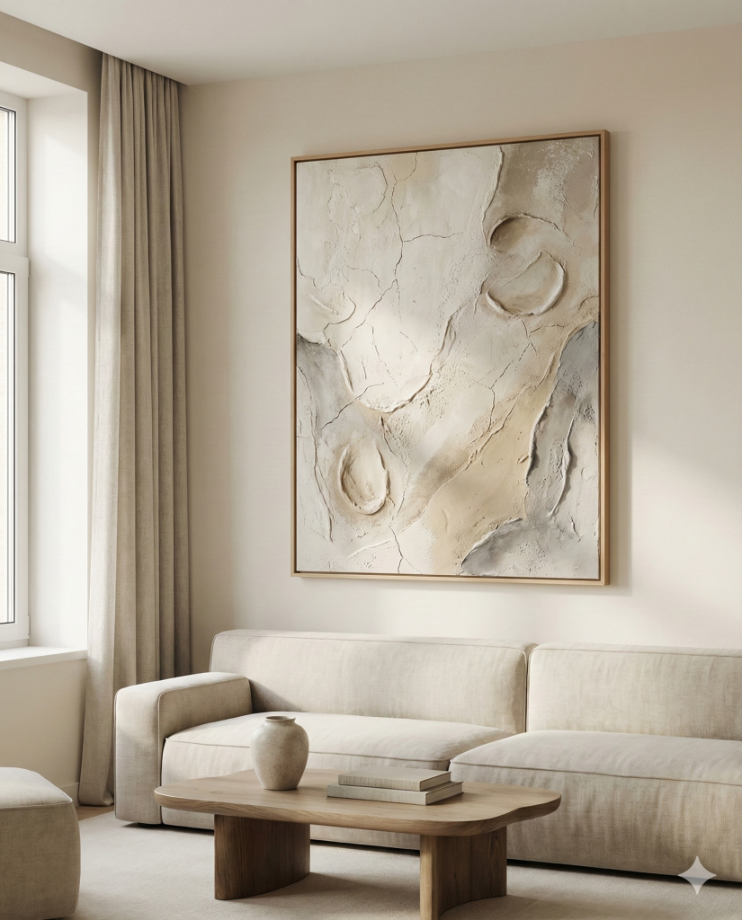 Minimalist line art face illustration in beige tones framed in light wood, styled in a calm neutral room