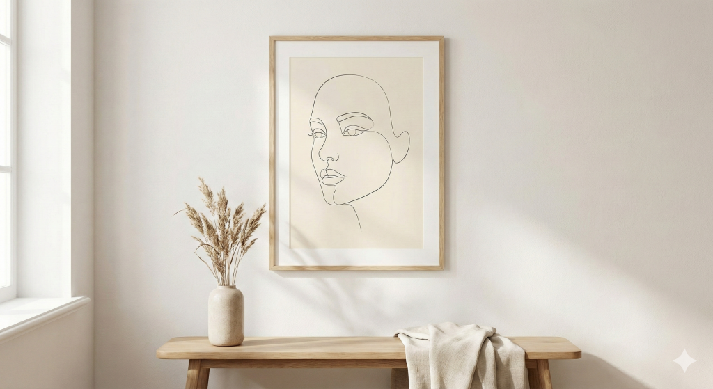 Minimal line art face wall art in neutral tones styled above wooden bench with pampas grass