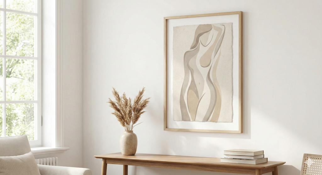 Abstract nude figure wall art in beige tones styled in bright minimalist living room