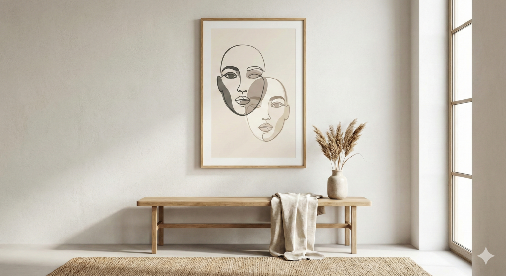 Minimal double face line art print in neutral palette above wooden bench