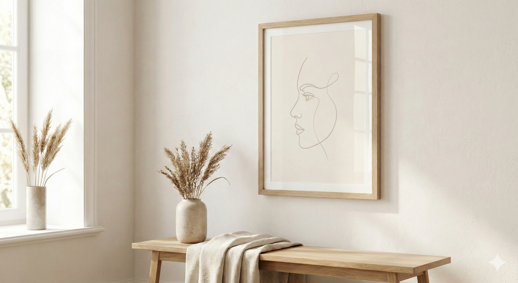 Minimal side profile line art wall art in soft neutral tones near window light