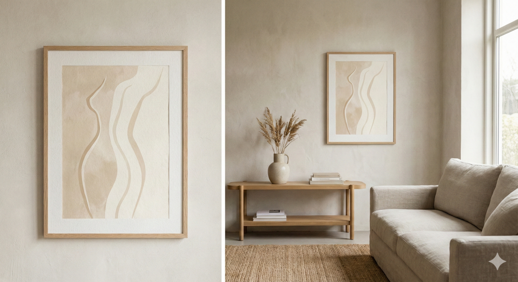 Abstract wavy neutral wall art styled in modern living room with sofa and console table