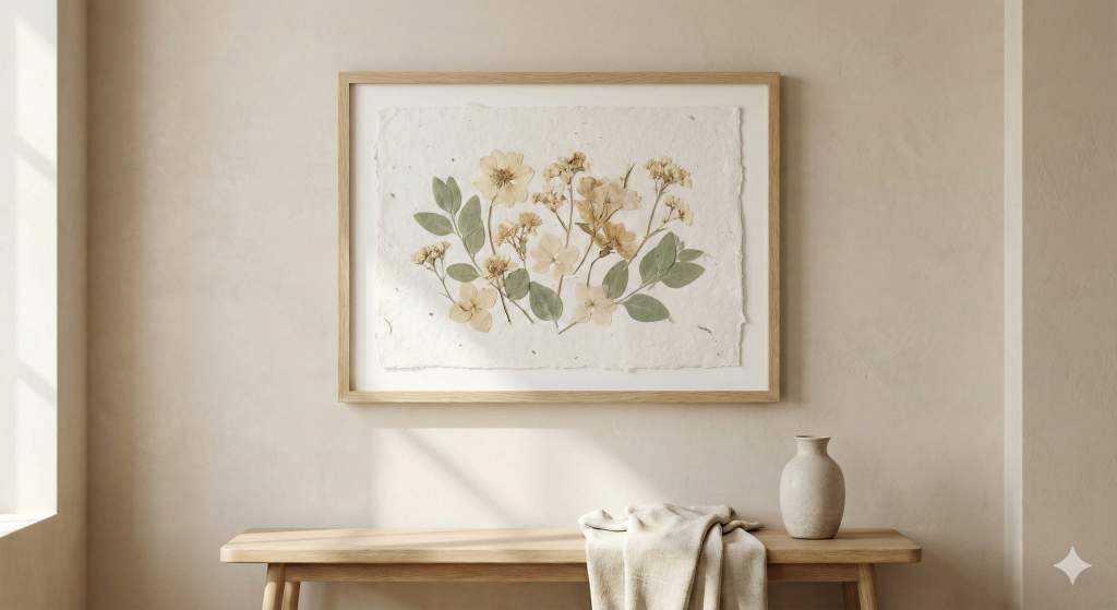 Botanical neutral wall art with pressed flowers in bright minimalist interior