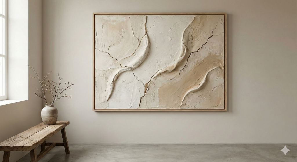 Textured neutral abstract wall art with sculptural plaster details in a modern minimalist living room