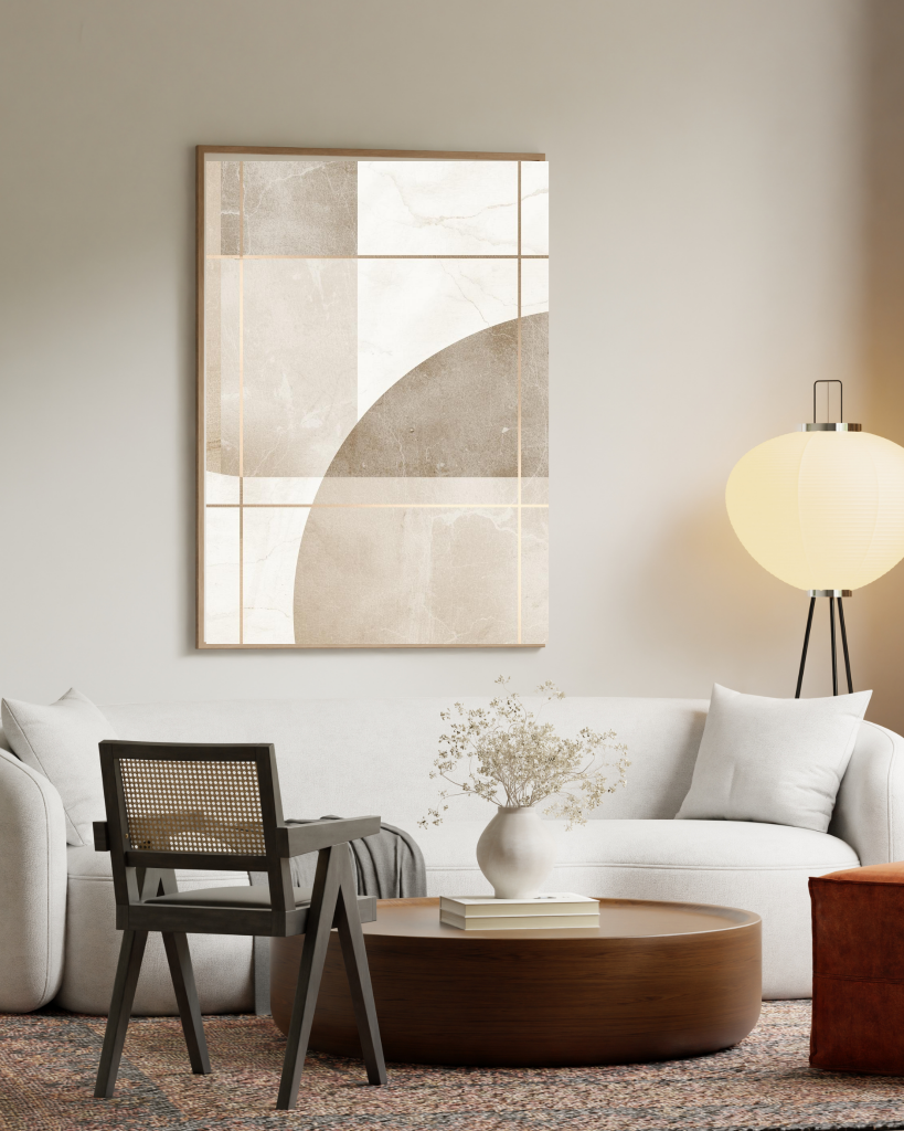 Geometric arch wall art in light wood frame above sofa in neutral living room