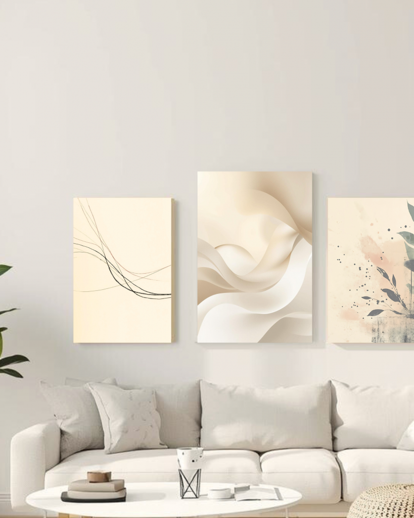 Three piece natural wall art set styled above sofa on modern living room
