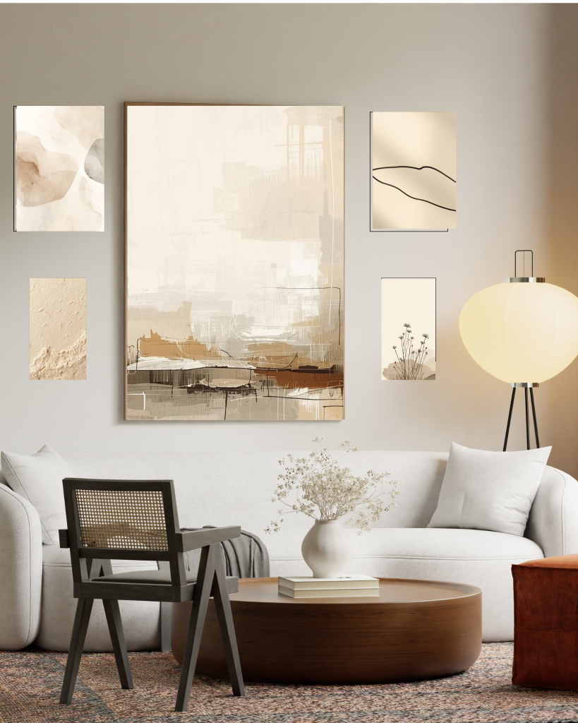 Curated gallery wall art with abstract and minimalist prints in neutral living room