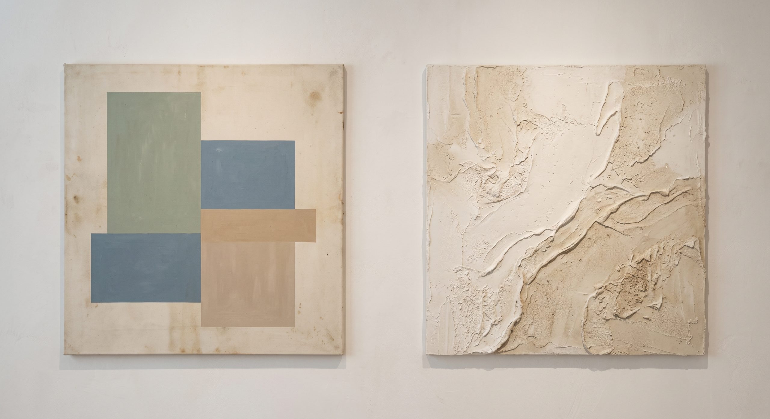 Geometric colour-block abstract painting beside a contemporary textured plaster abstract