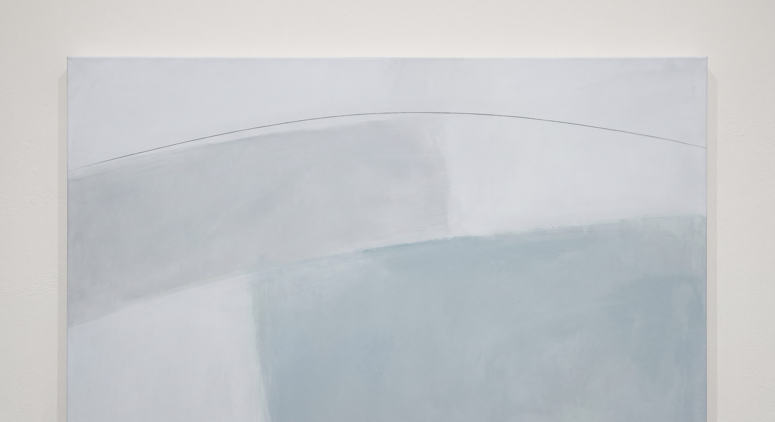 Cool-toned abstract artwork in pale grey and soft mineral blue with a single fine charcoal line