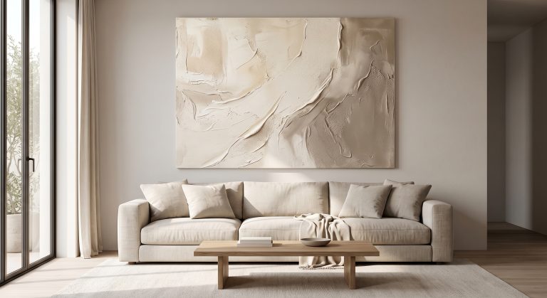 Sophisticated neutral living room with a large textured abstract artwork above a linen sofa