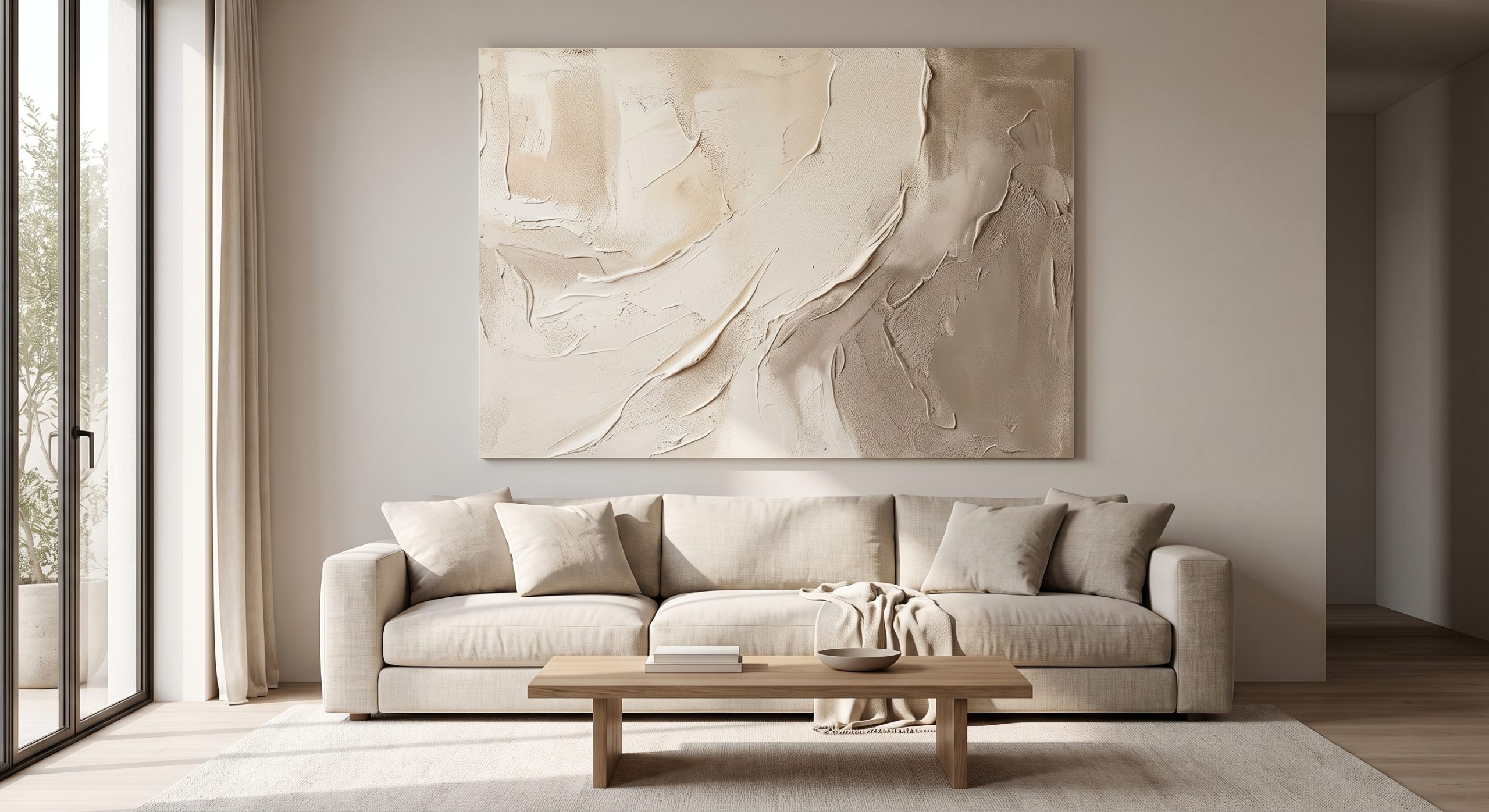 Sophisticated neutral living room with a large textured abstract artwork above a linen sofa
