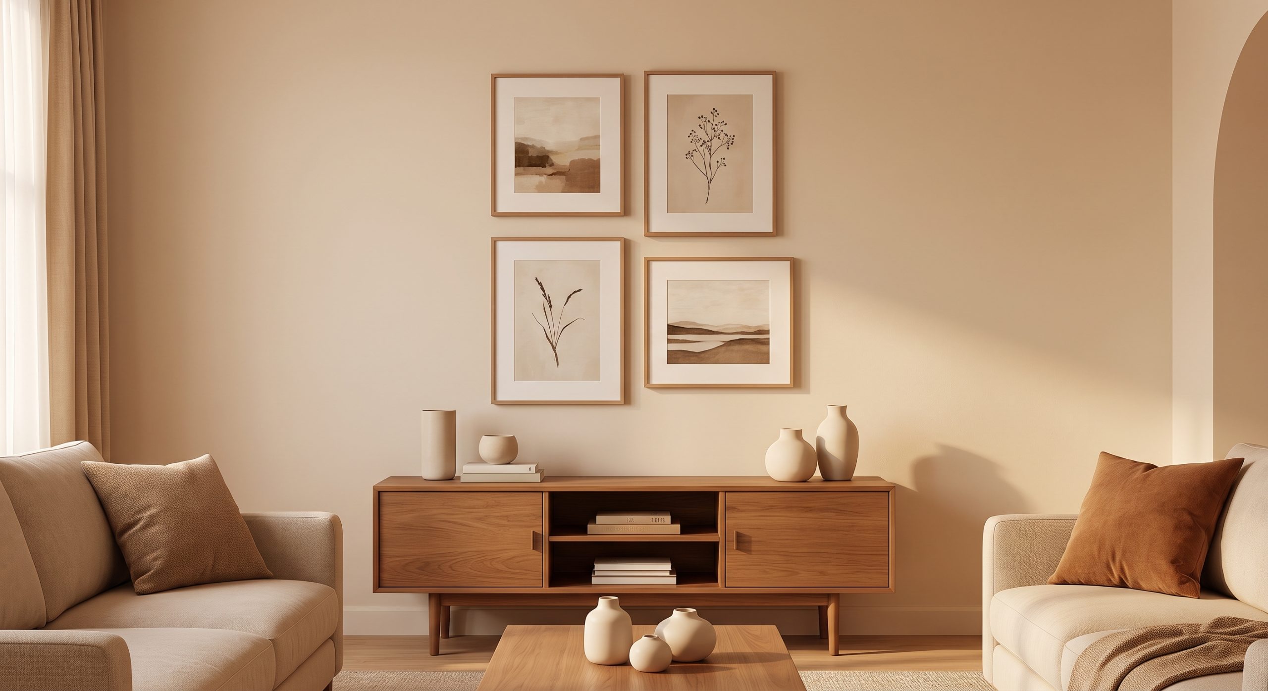 Living room with a small neutral gallery wall of four pieces above a console instead of a single artwork