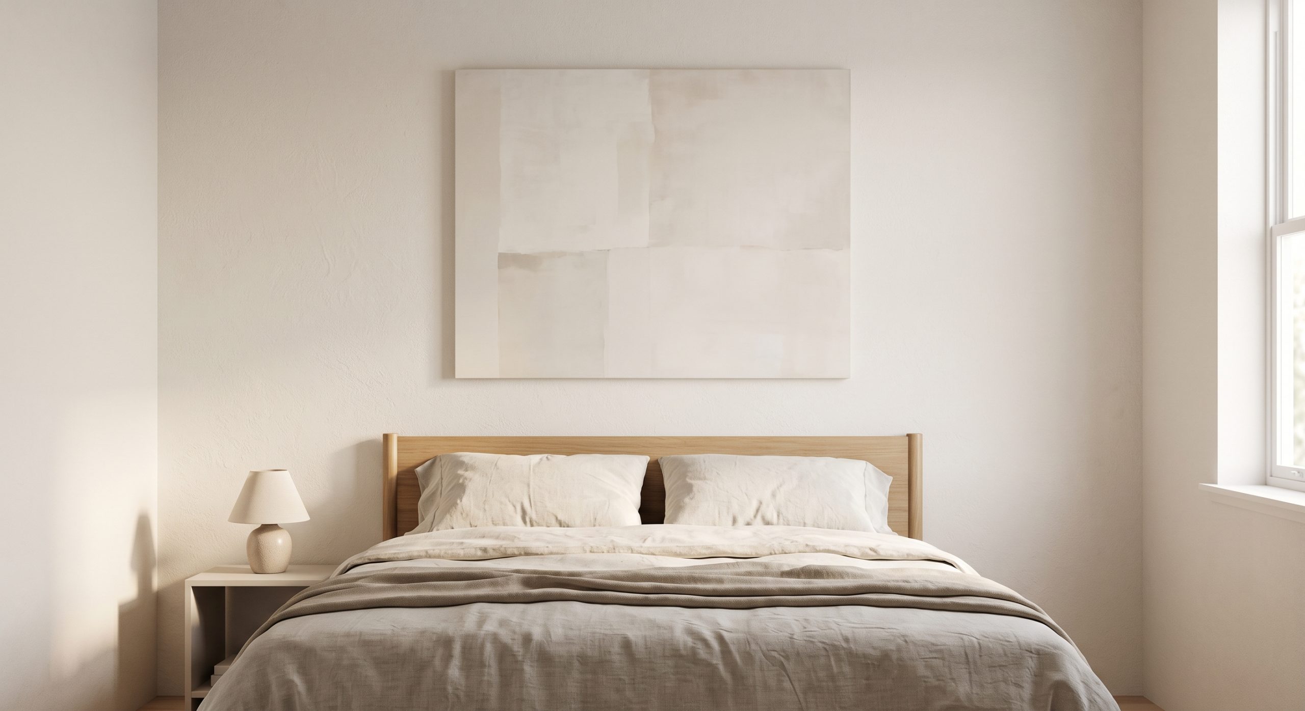 Calm bedroom with a soft low-contrast abstract artwork centred above a linen bed