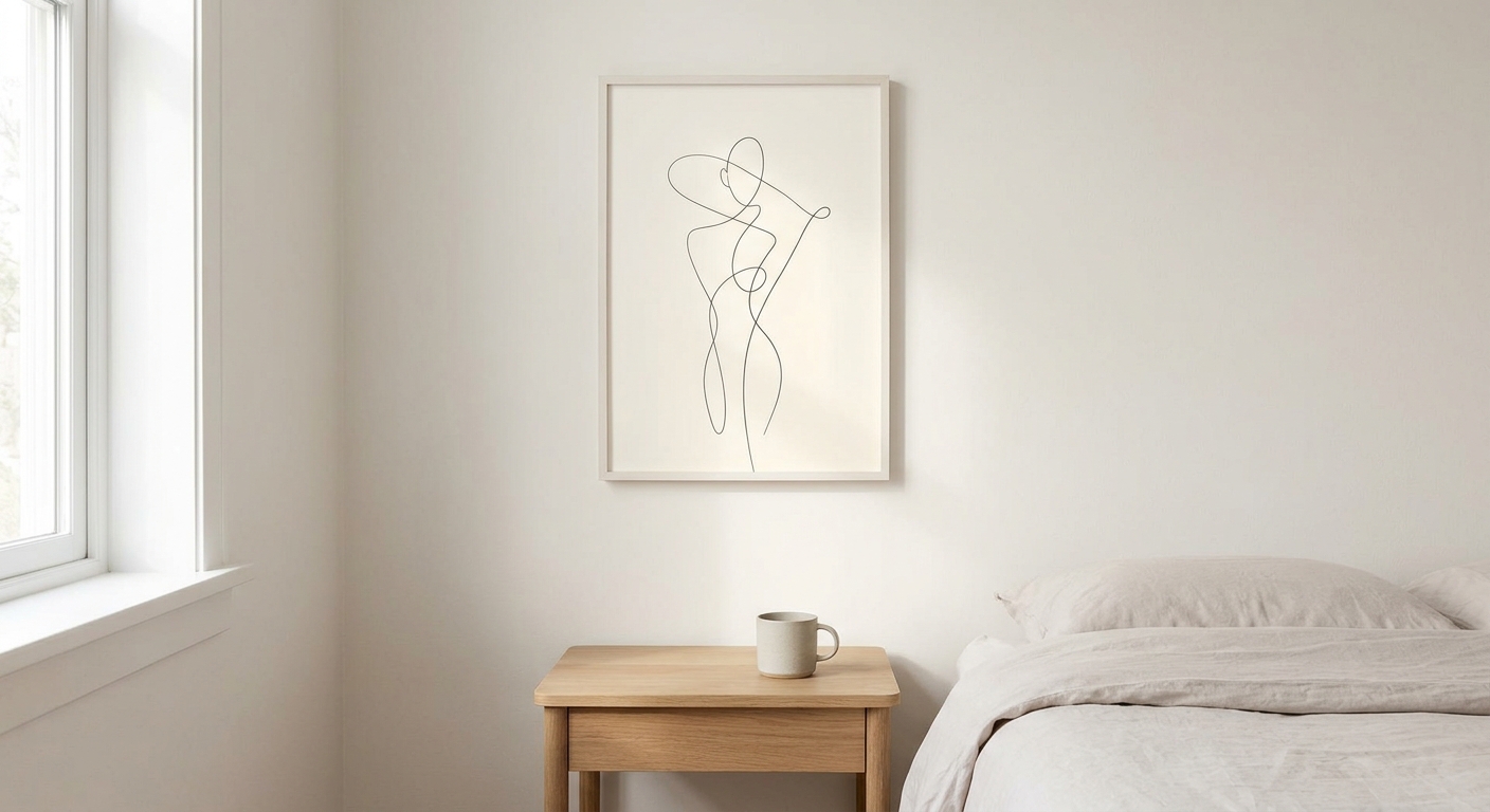 Bedroom wall with a delicate line art piece above a bedside area