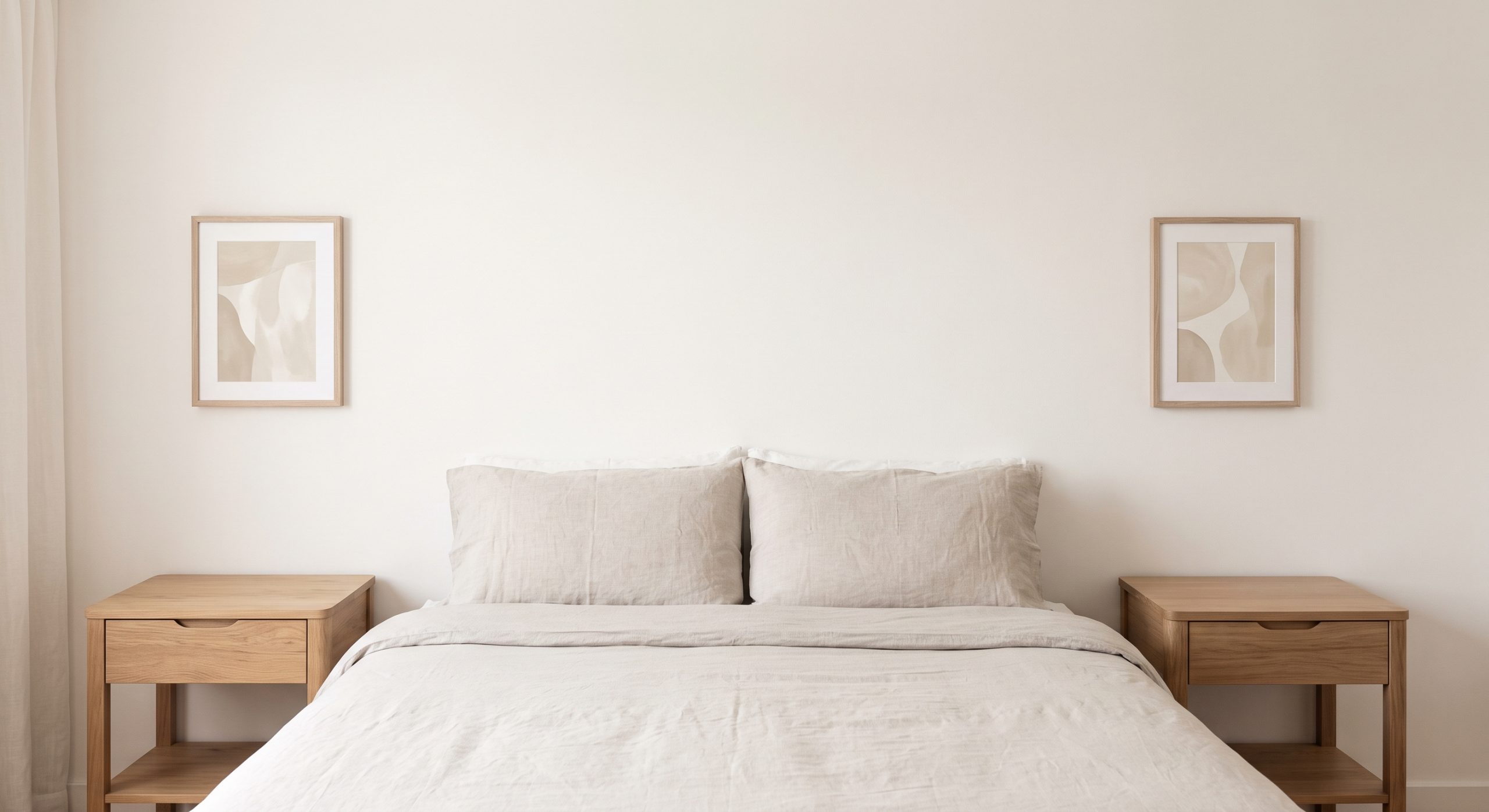 Bedroom with a symmetrical pair of small matching artworks above two nightstands flanking the bed