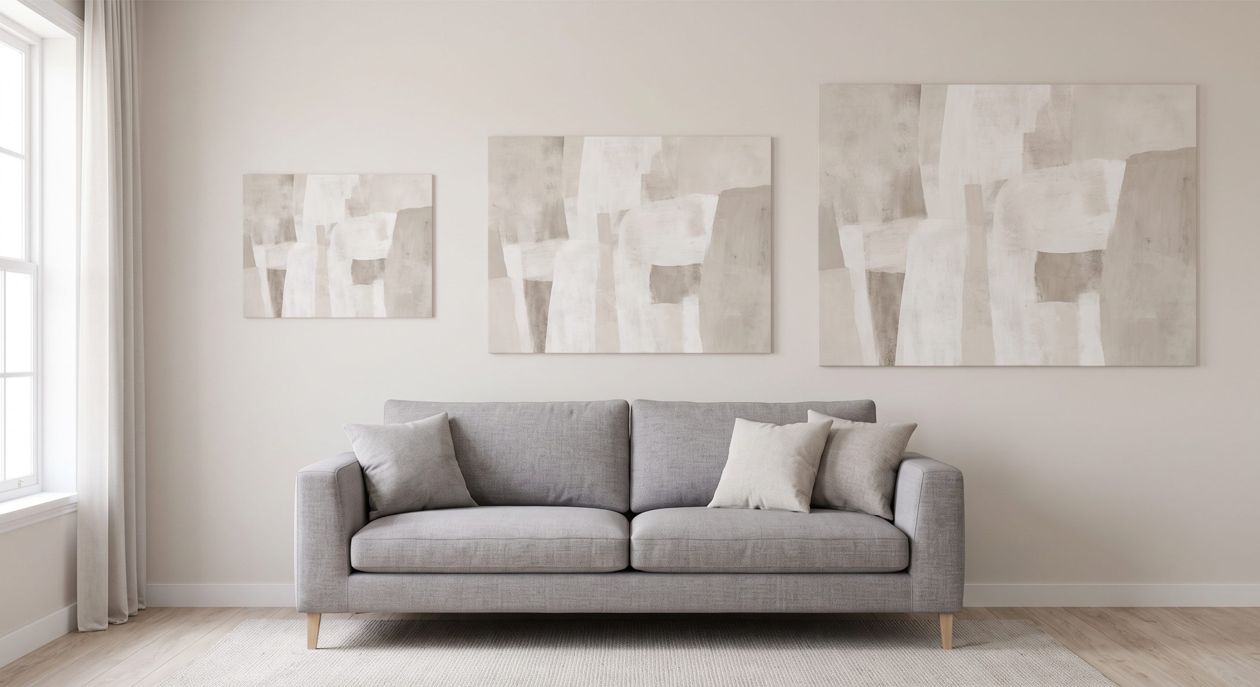 Living room wall showing three size options of the same artwork: too small, correctly sized and oversized