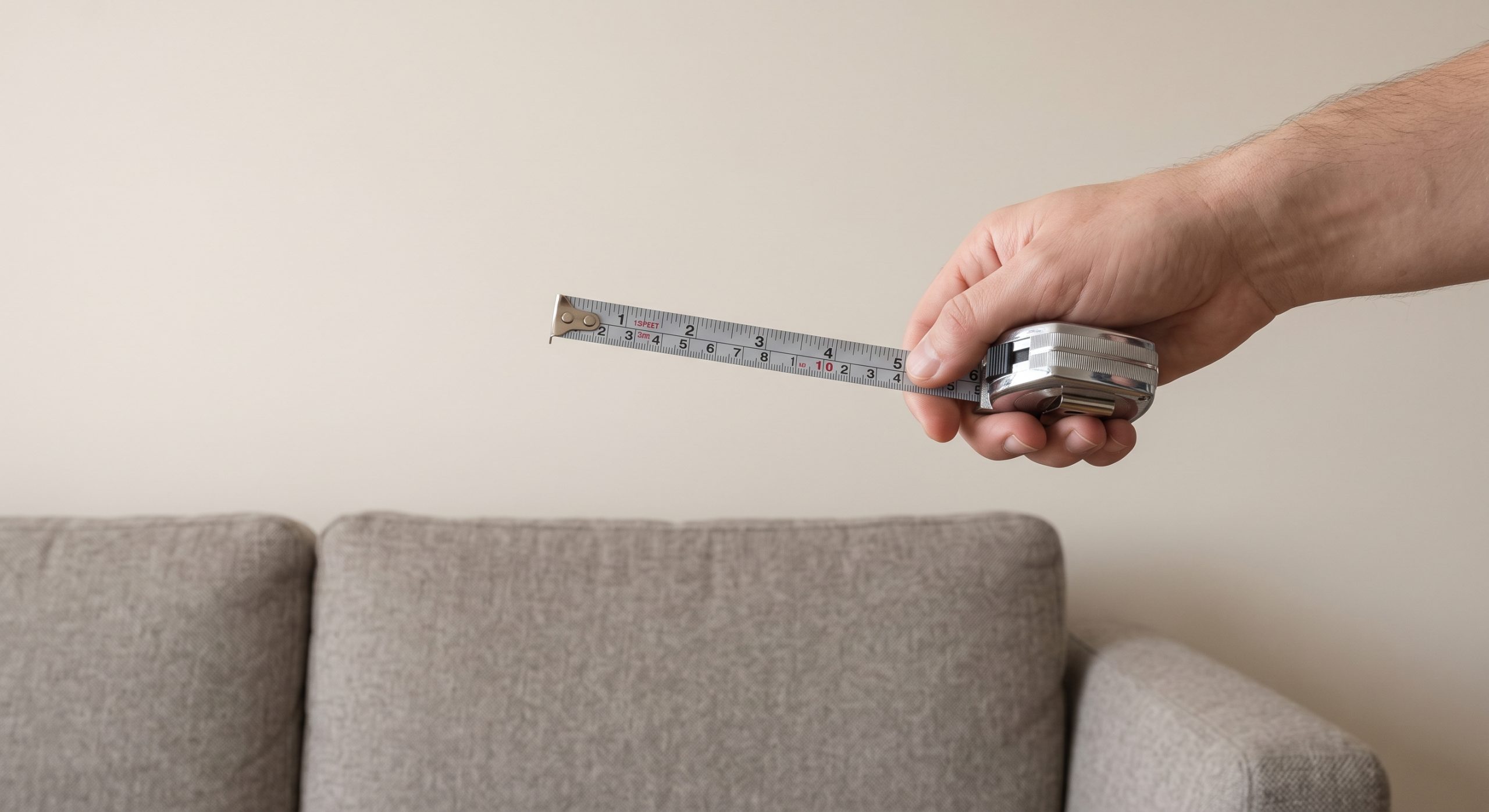 Close view of a tape measure held against a blank wall above a sofa, preparing to measure for artwork