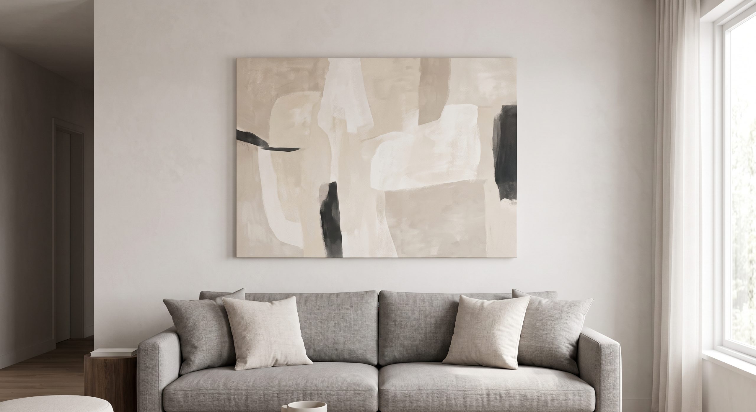 Living room with a large artwork correctly filling the wall space above a sofa, well-proportioned