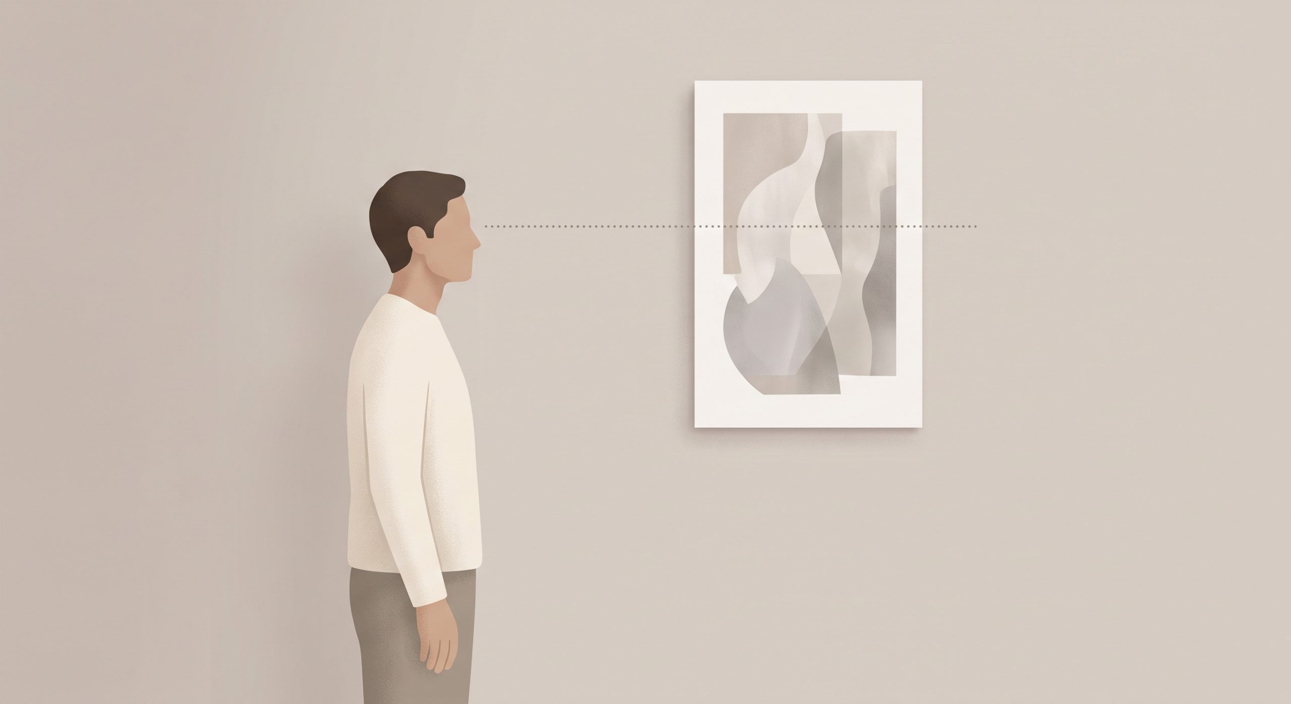 A piece of art centred at eye level on a plain wall