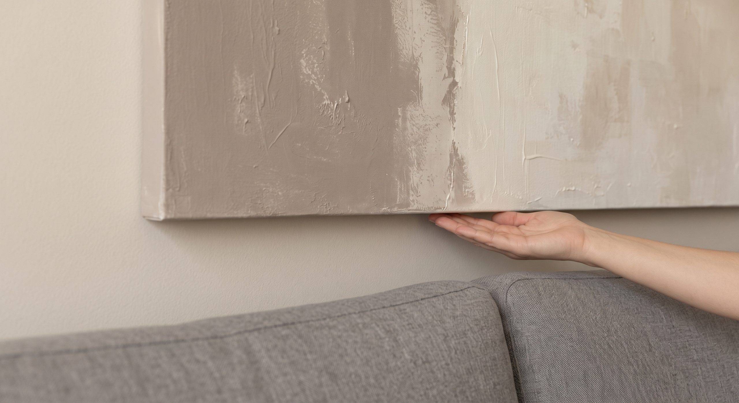 Close view of an artwork's lower edge positioned about 6 to 10 inches (15 to 25 cm) above a sofa back