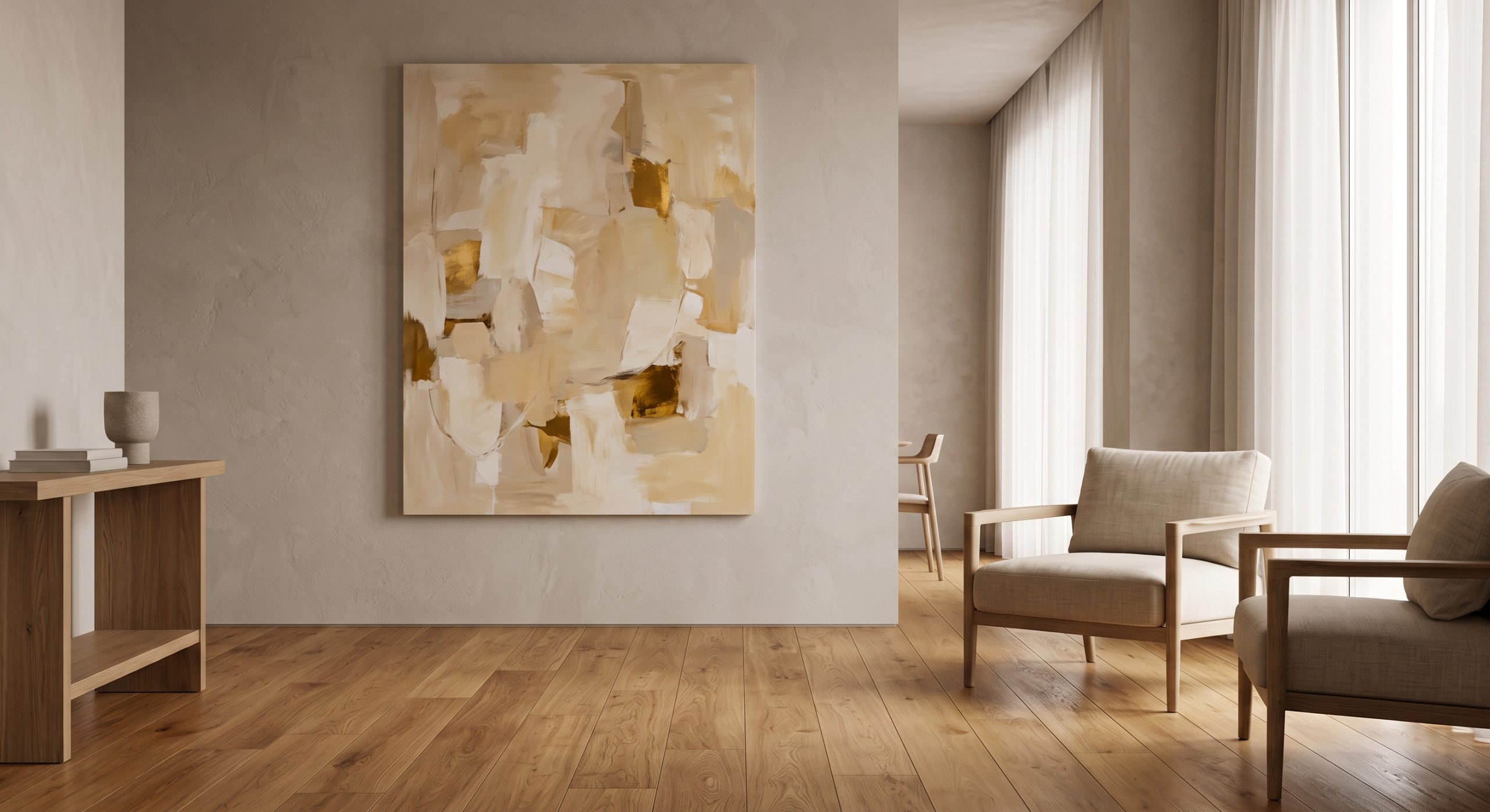 Room with a warm oak floor and a sandstone-toned abstract artwork clearly echoing the floor's warmth