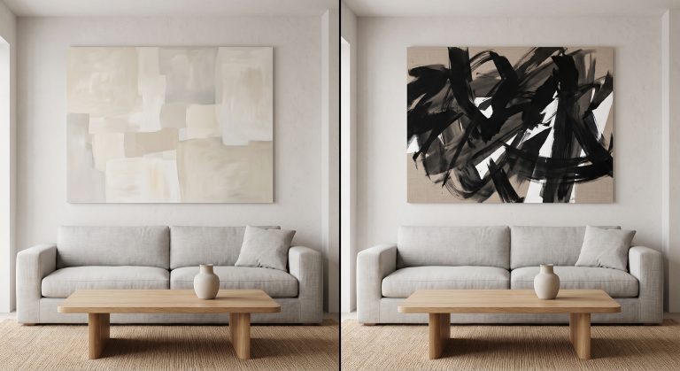 The same room shown twice: once with a calm neutral artwork, once with a bold high-contrast gestural artwork