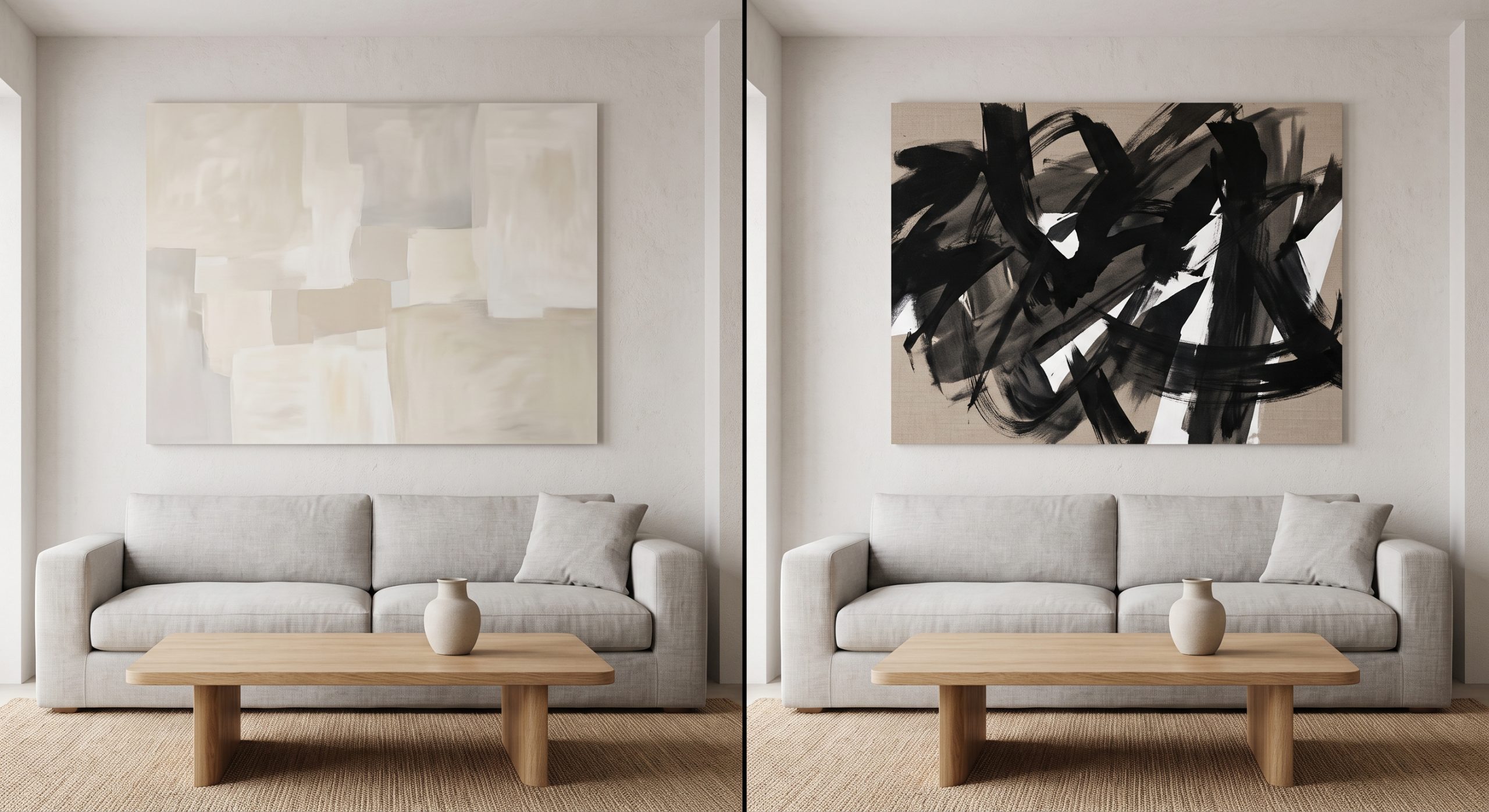 The same room shown twice: once with a calm neutral artwork, once with a bold high-contrast gestural artwork