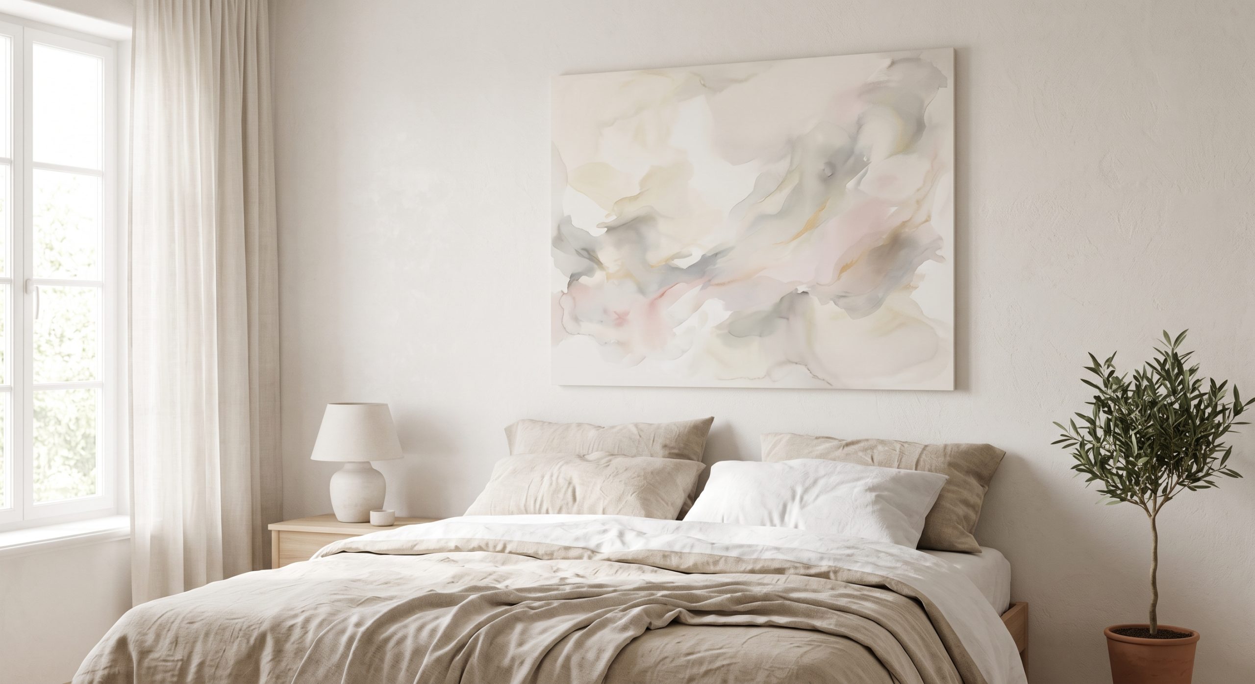Serene bedroom with a soft pale abstract artwork and gentle light, a relaxed atmosphere