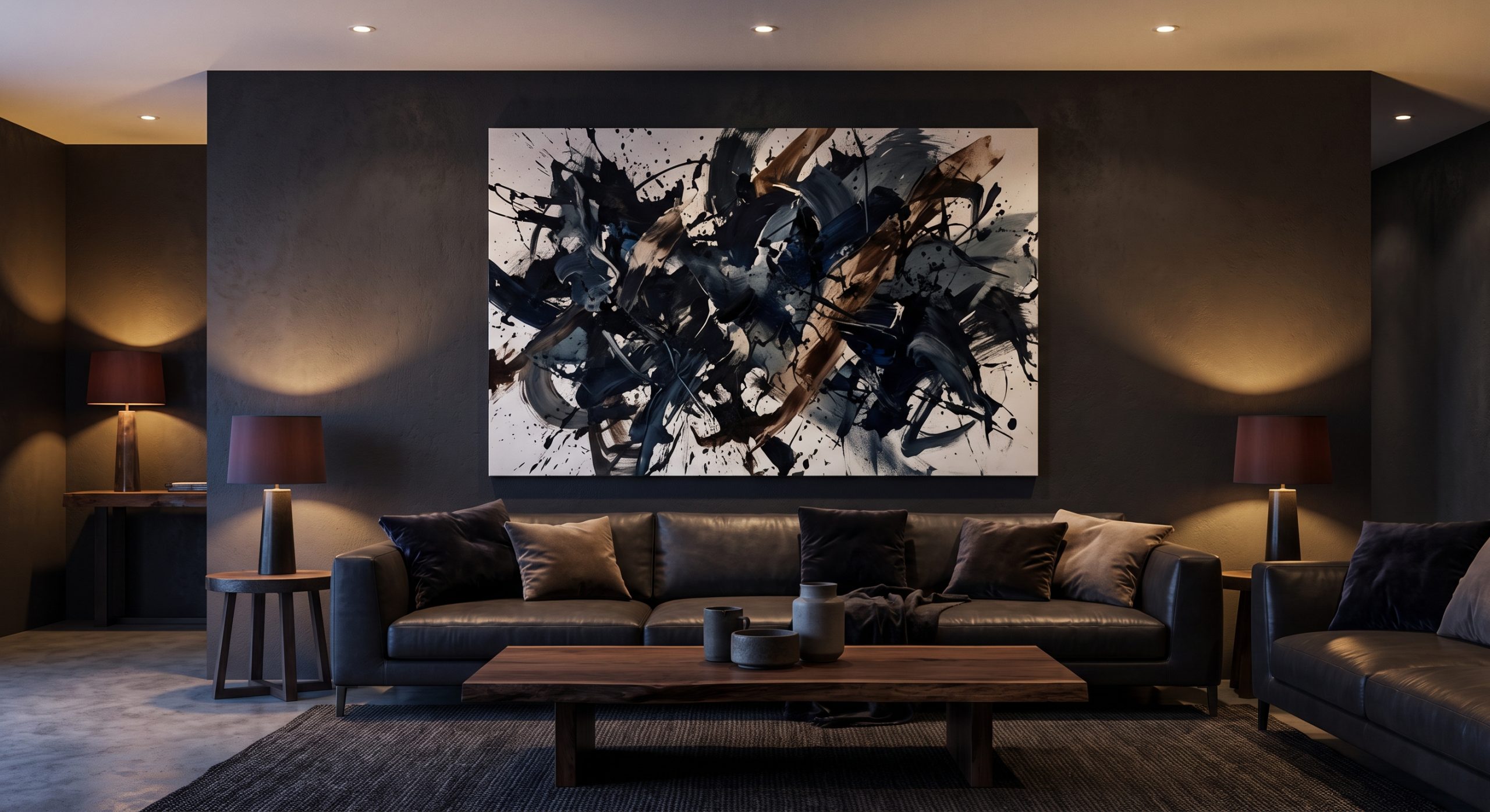 Living room with a bold dark gestural abstract artwork as a focal point, a dramatic energetic atmosphere
