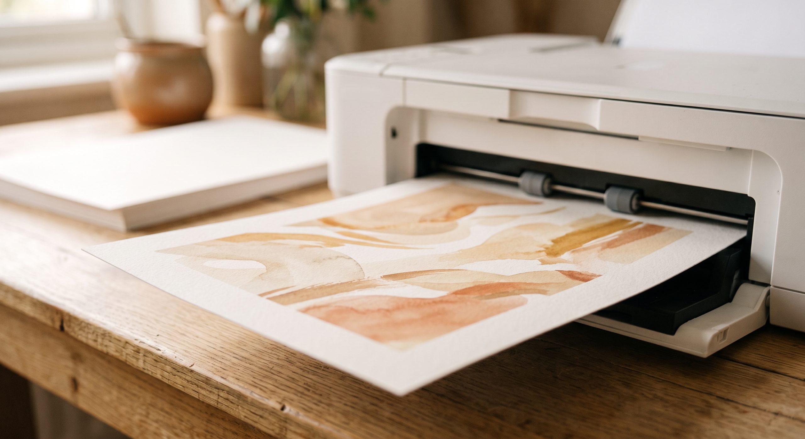 Close-up of a printed abstract art sheet coming out of a home inkjet printer