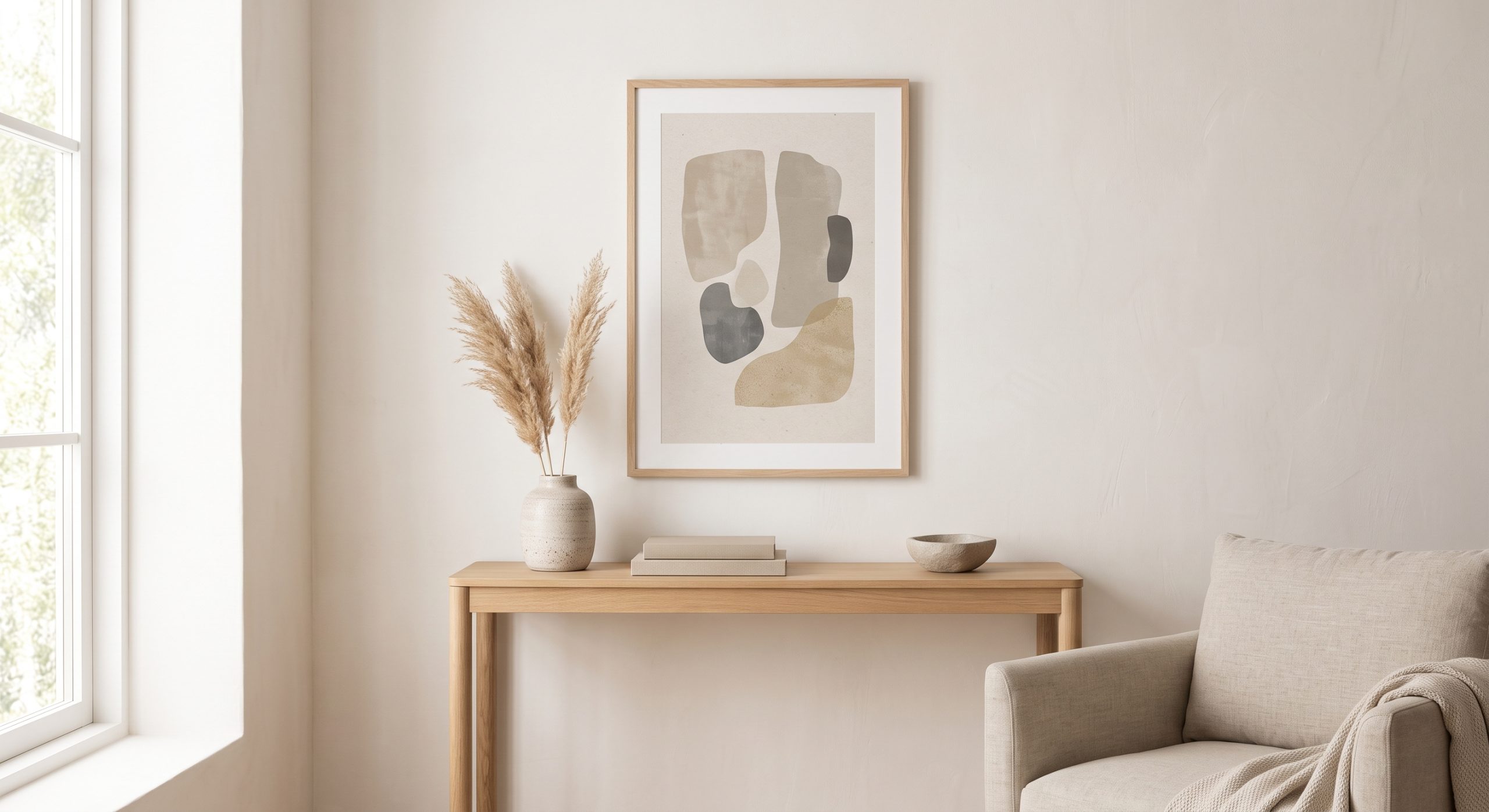 Calm neutral living room with a simple framed printable artwork on the wall above a console