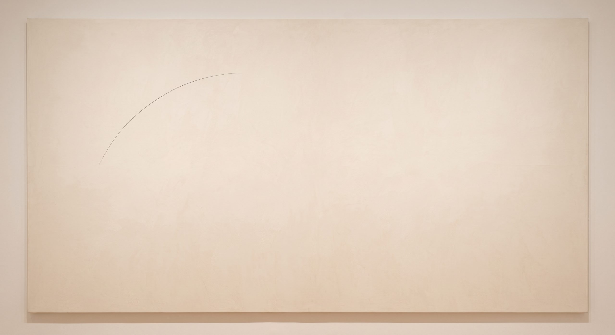 Minimalist abstract artwork with one thin charcoal line on a vast empty ivory surface