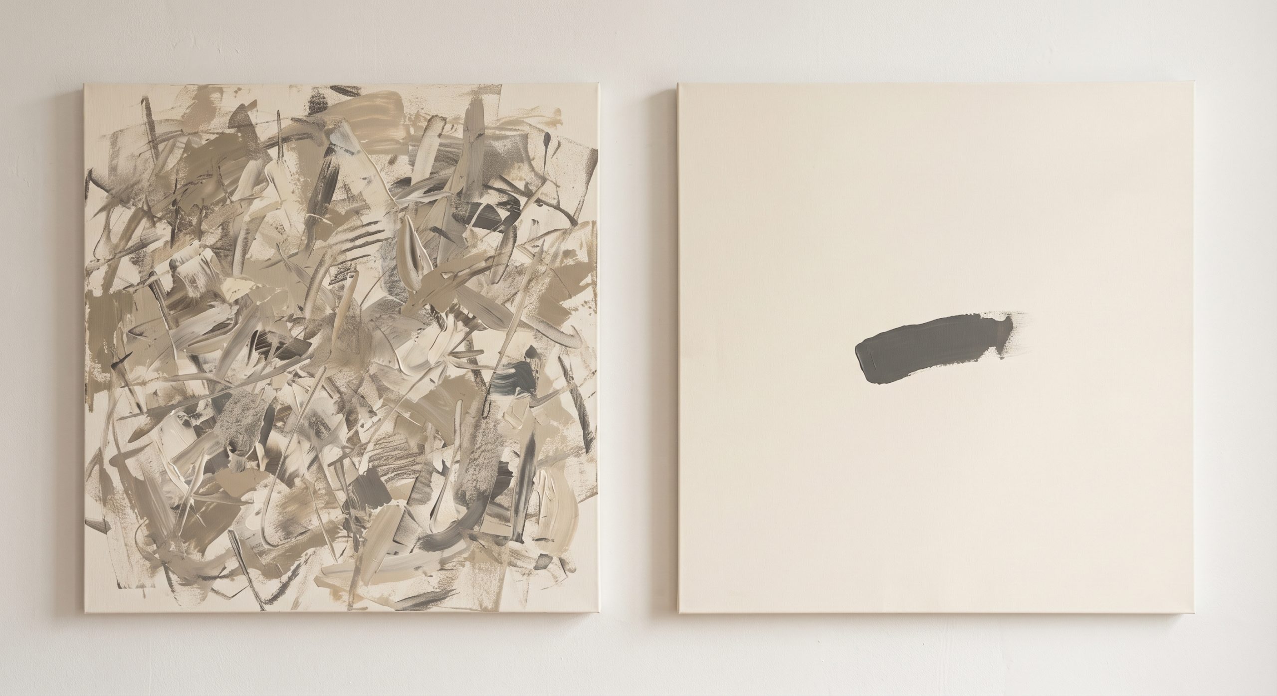 A crowded abstract artwork beside a sparse one with a single mark and generous empty space