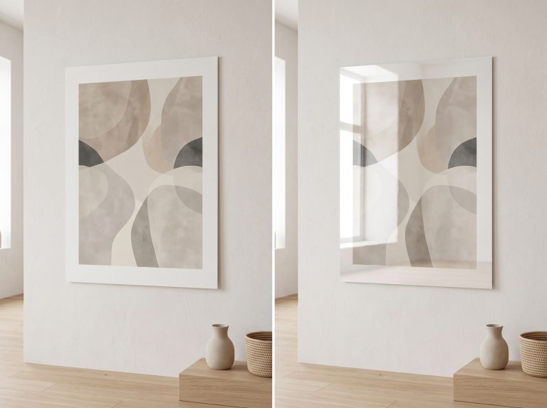 Side-by-side comparison of two identical abstract prints, one matte and one glossy showing a visible reflection