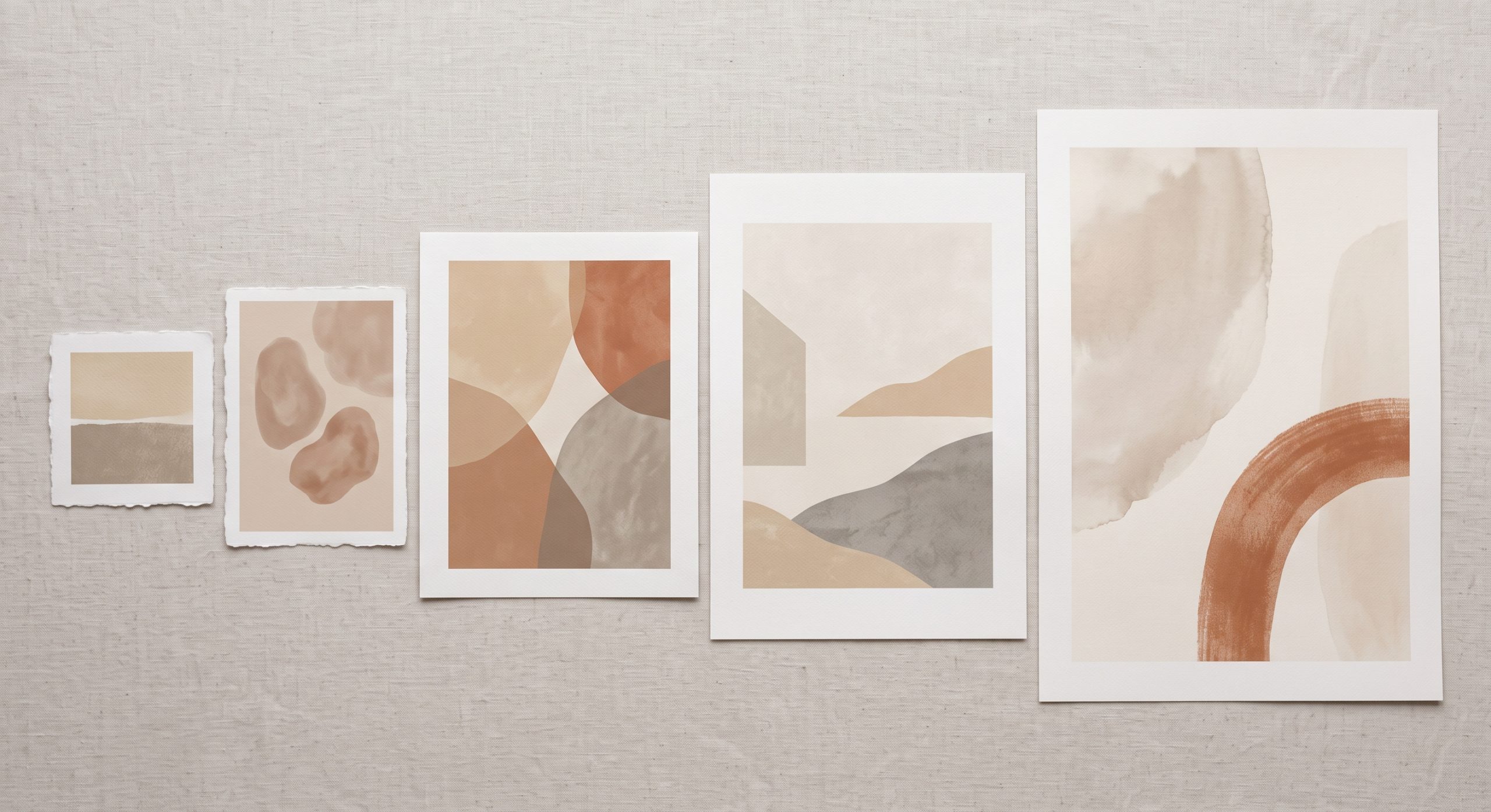 Flat lay of several different sized art prints arranged from small to large
