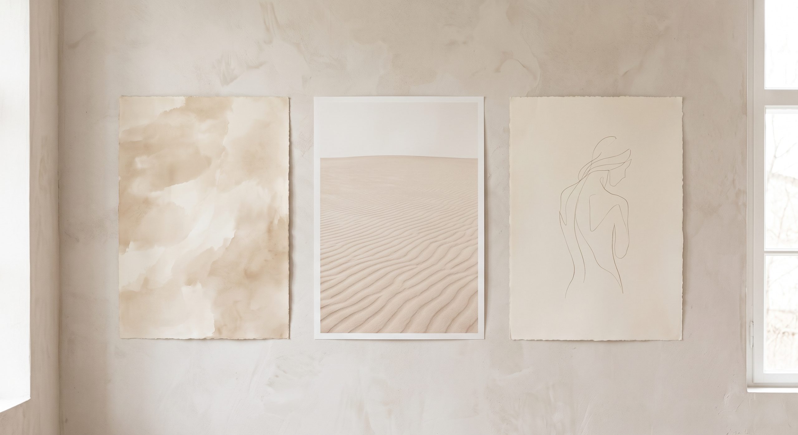 Wall showing three different print sizes framed and hung side by side for scale comparison