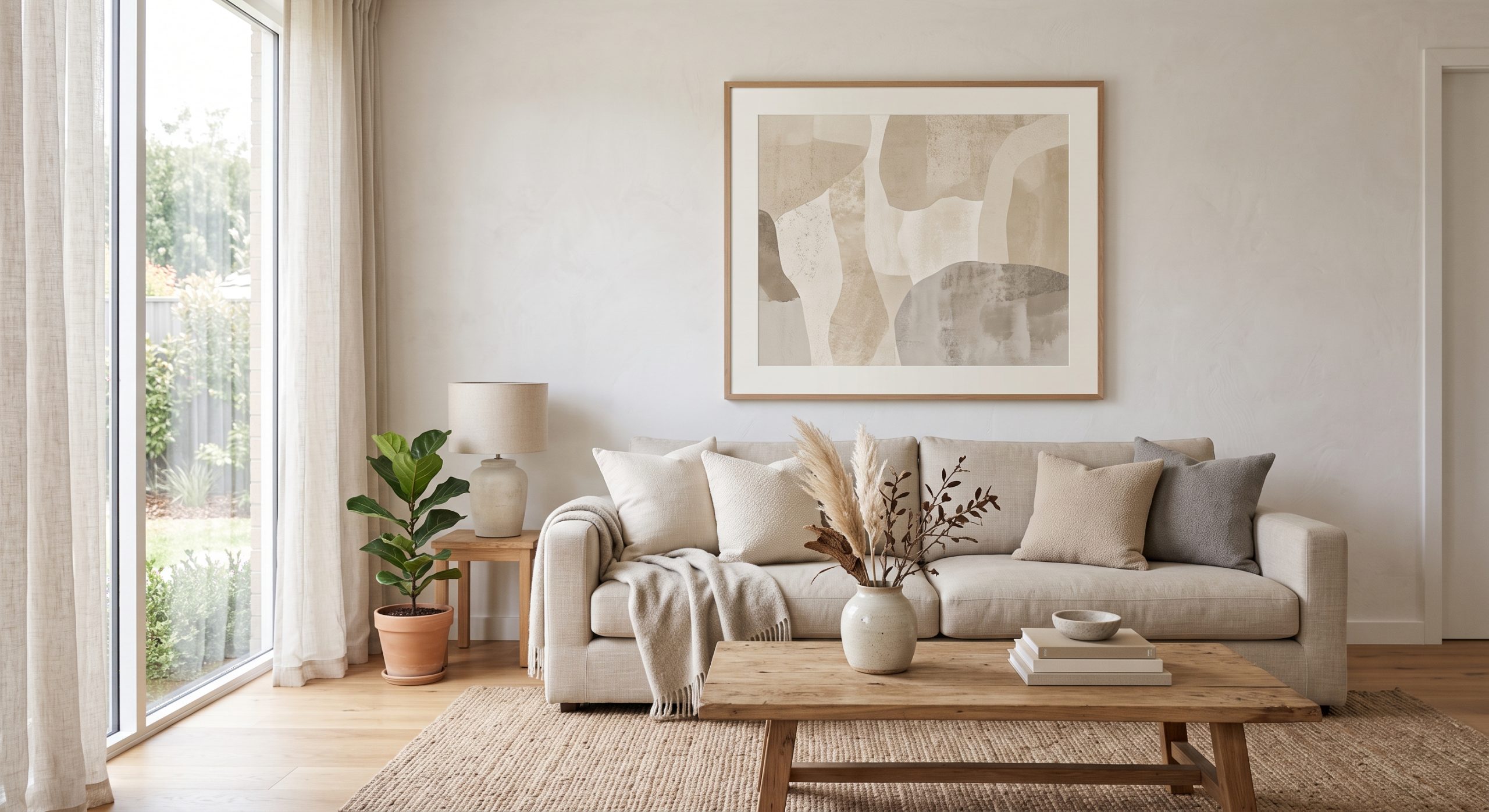 Living room with one large-format print above a sofa, well-scaled in a neutral palette