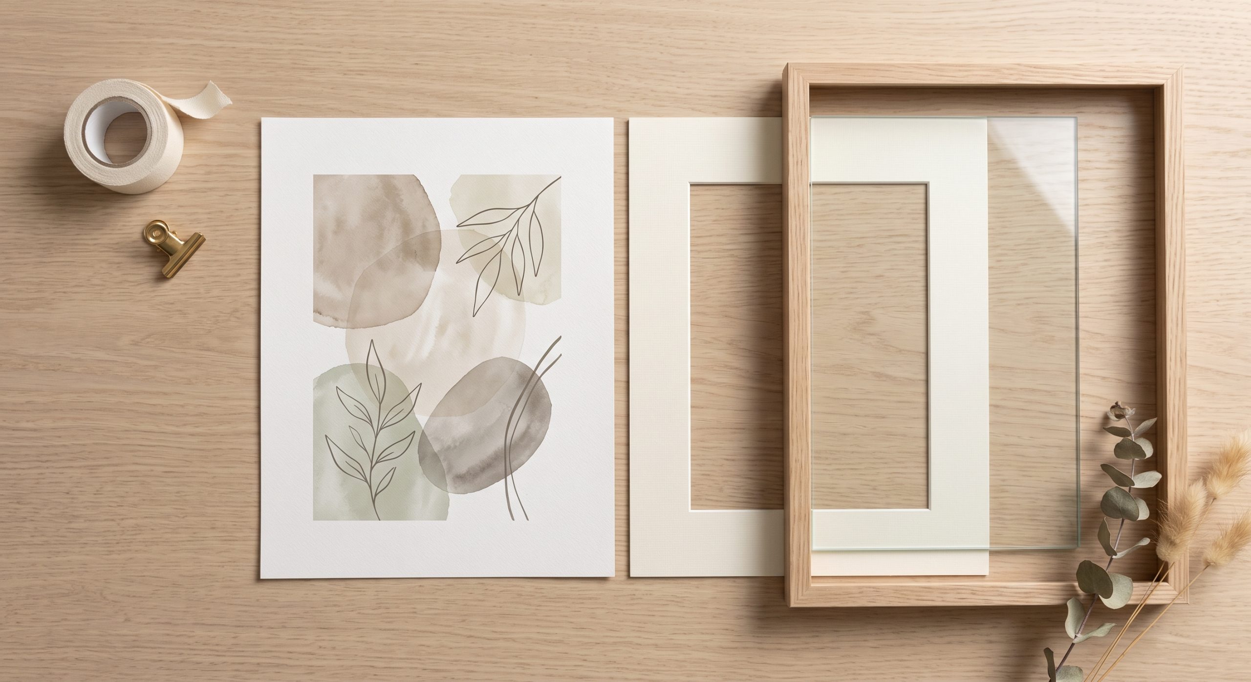 Flat lay of a printable art sheet with frame components: a slim wood frame, a mat board and glass