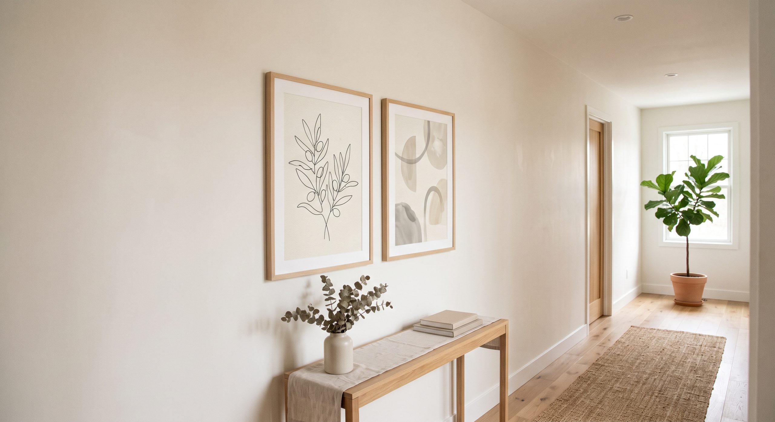 Calm neutral hallway with two simply framed printable artworks in slim pale wood frames