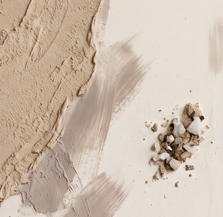 Organic abstract artwork with overlapping pebble-like forms in sand, clay and muted sage