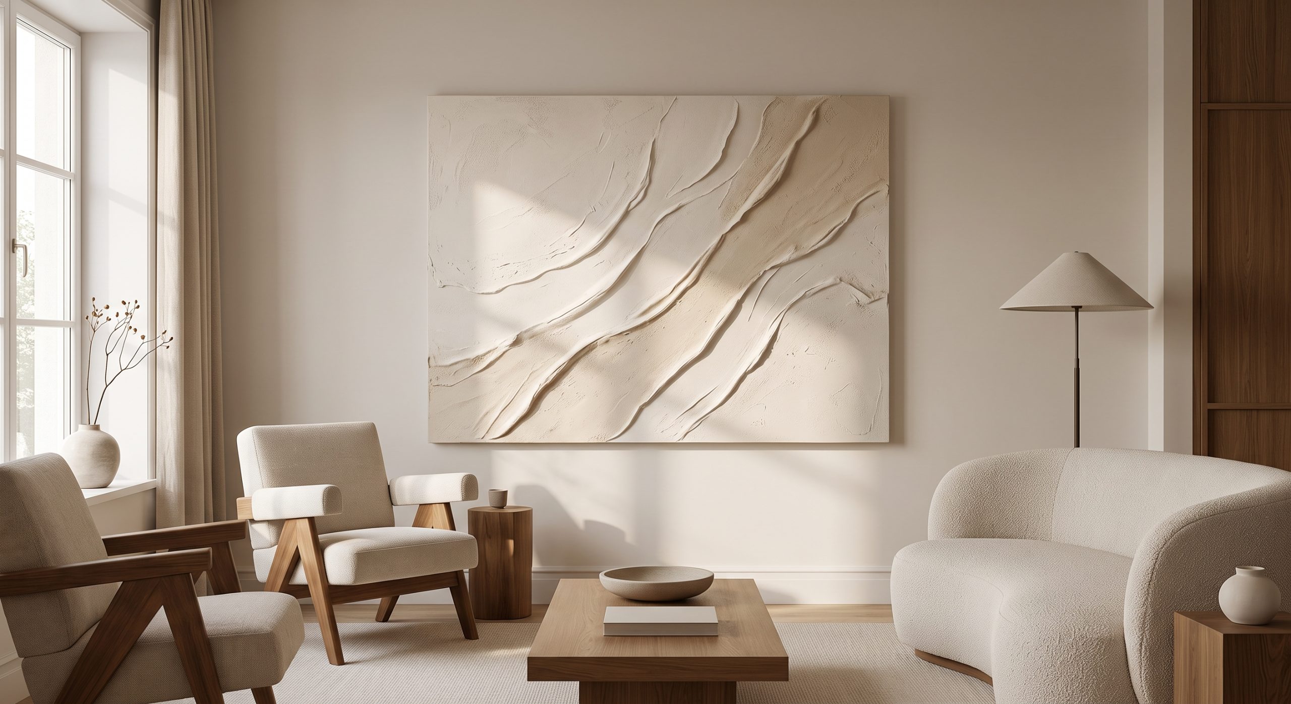Calm living room with a large textured abstract artwork catching side light from a window