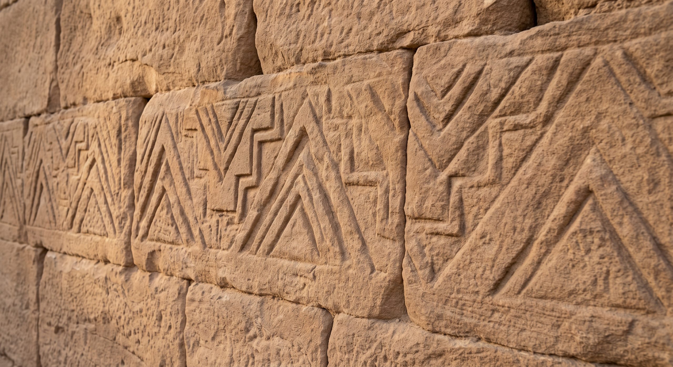 Close-up of a weathered stone wall with shallow carved geometric relief patterns in warm sandstone tones
