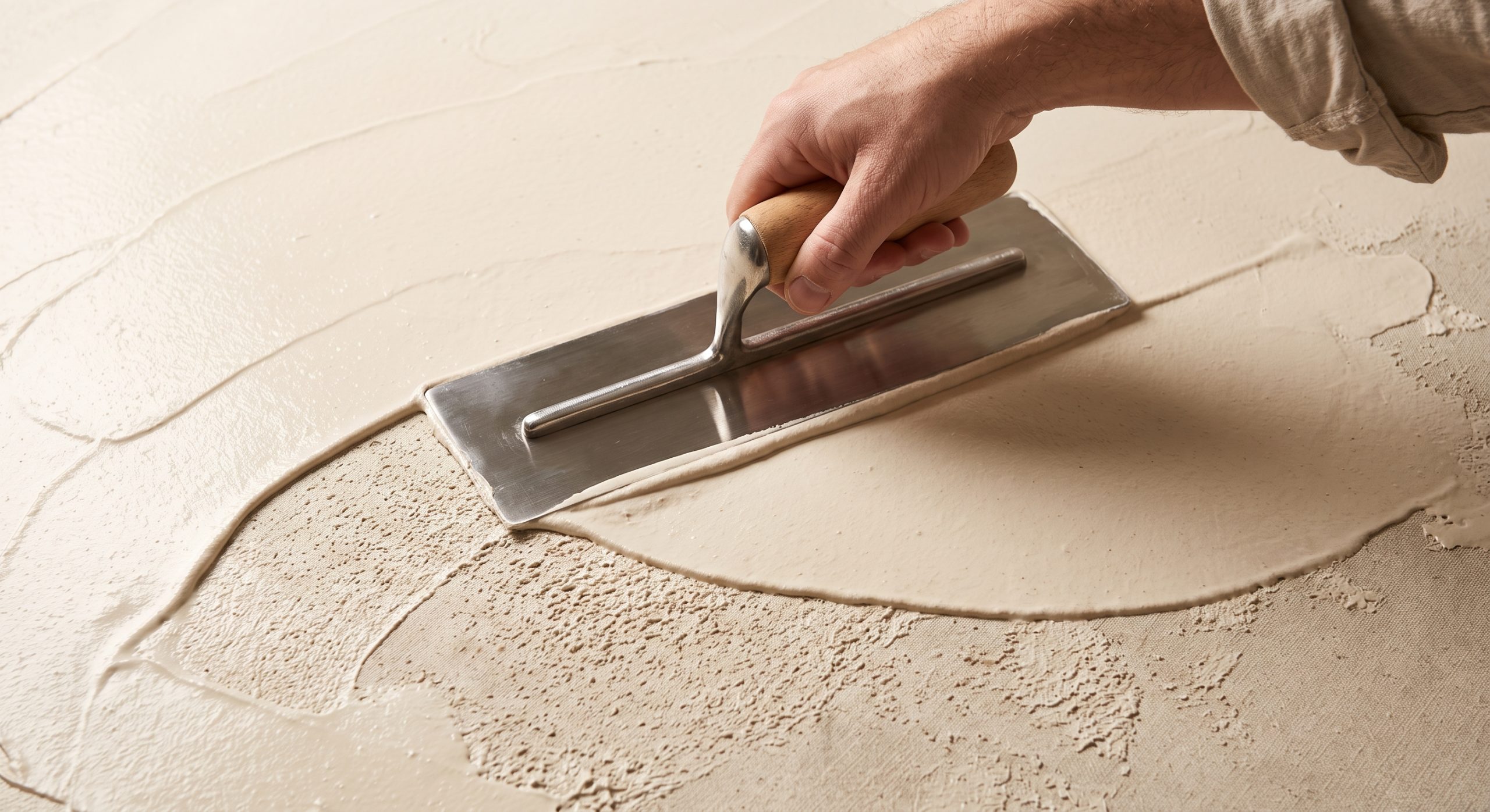 Close-up of a trowel spreading pale lime plaster across a textured surface