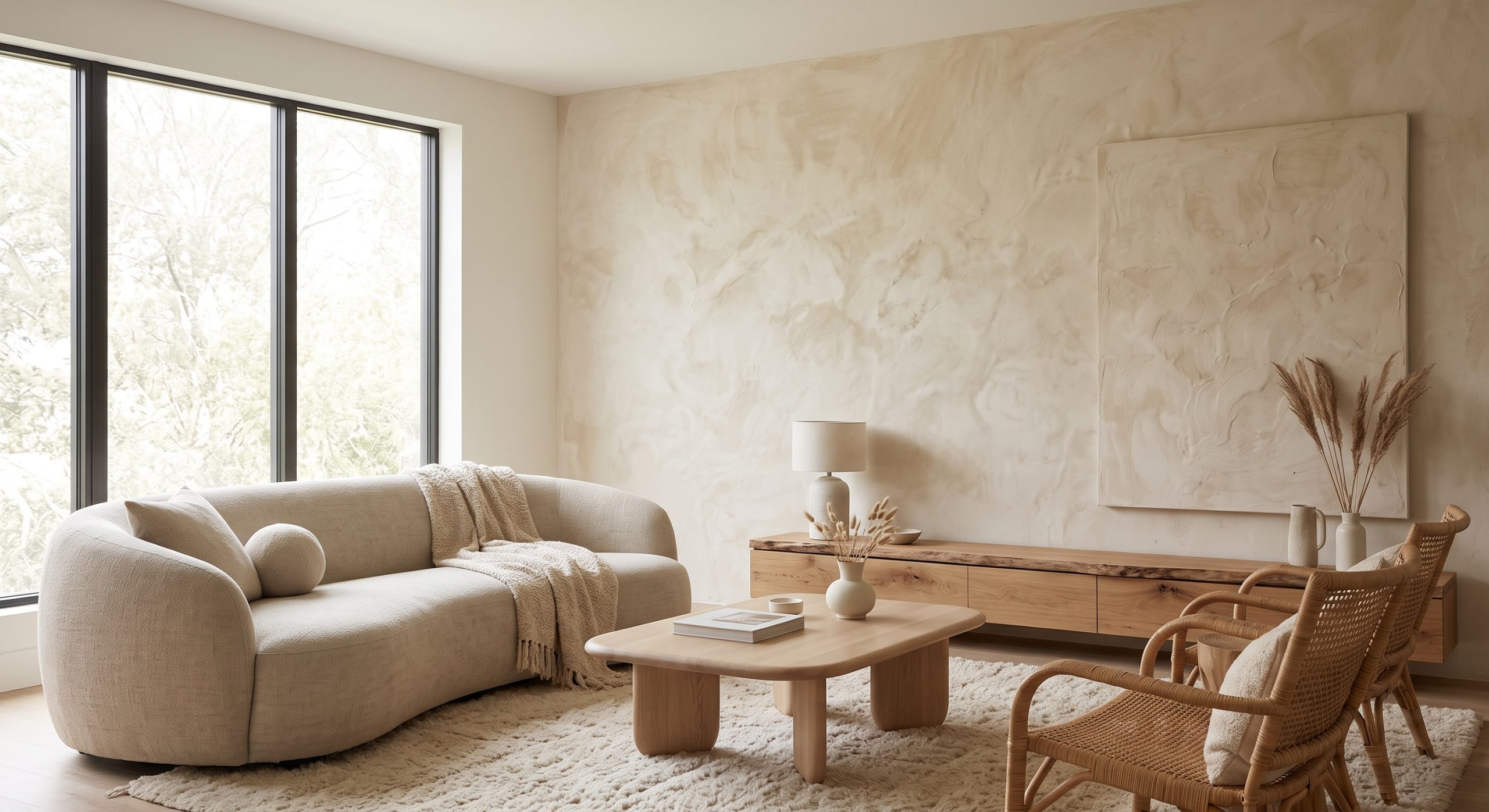 Organic modern living room with a lime-plastered accent wall and a plaster-textured artwork beside it